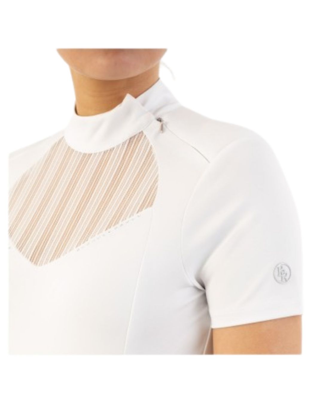 Woman wearing a white show shirt BR Koosje with sheer panels on a white background equestrian fashion outfitters