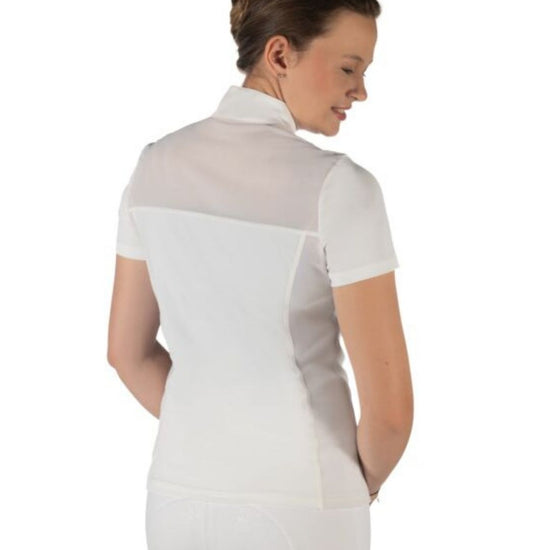 Woman wearing a white equestrian shirt on a white background Equestrian fashion outfitters