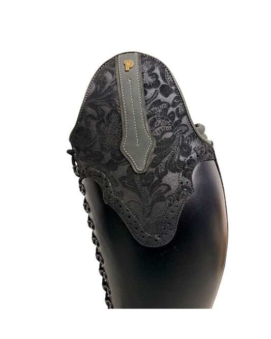 Black Petrie boot with decorative black floral lace pattern on a white background equestrian fashion outfitters