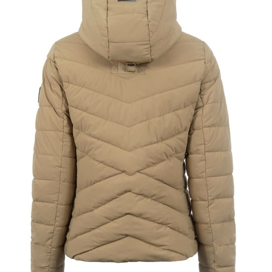Beige quilted jacket with a hood on a white background