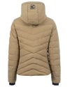 Beige quilted jacket with a hood on a white background