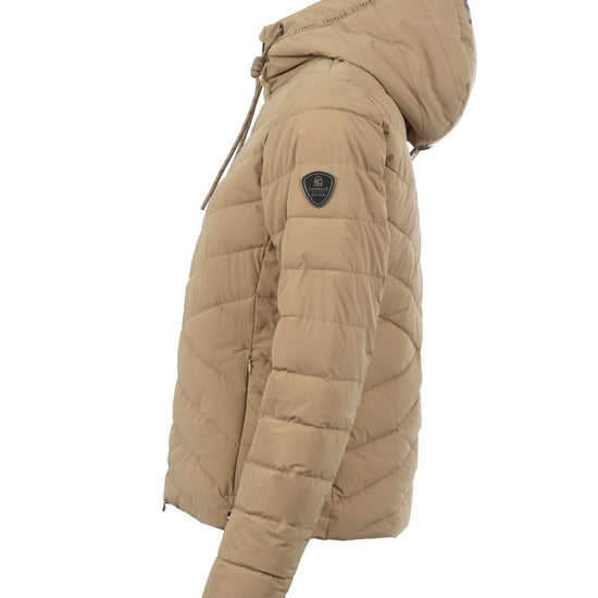 Beige puffer jacket with a hood on a white background