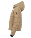 Beige puffer jacket with a hood on a white background