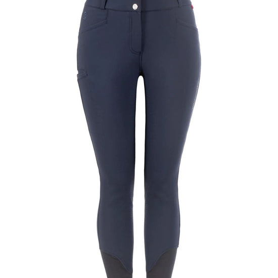 Navy riding pants with black accents on a white background