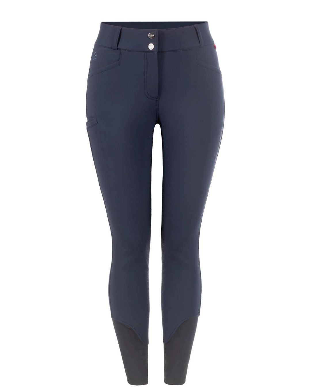 Navy riding pants with black accents on a white background