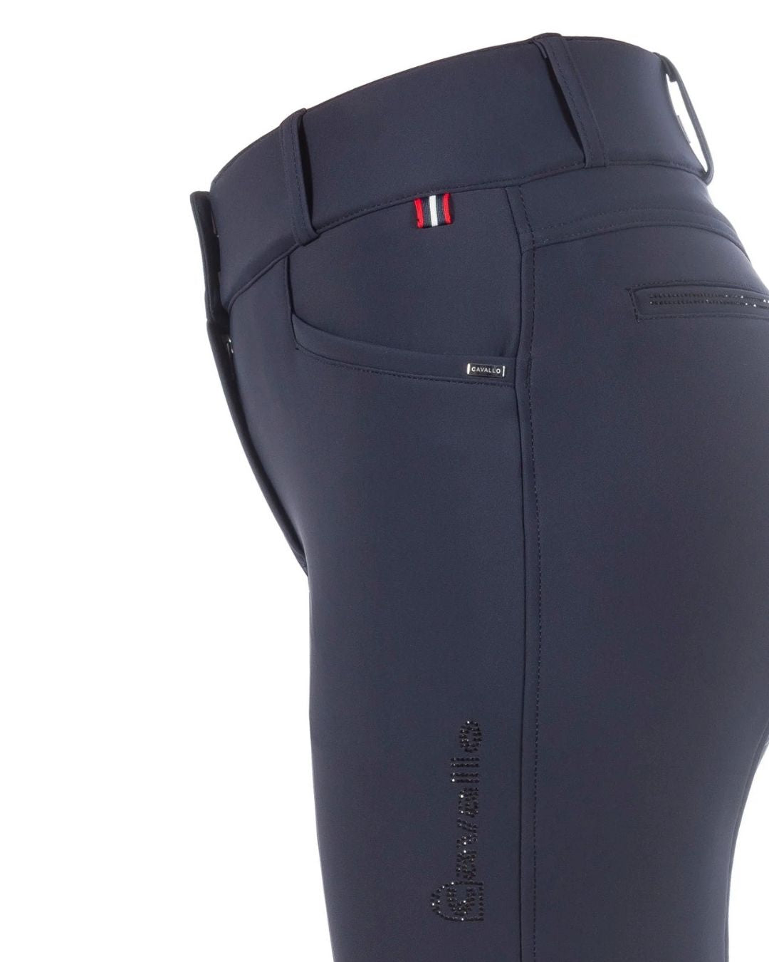 Navy riding pants with a brand logo on a white background