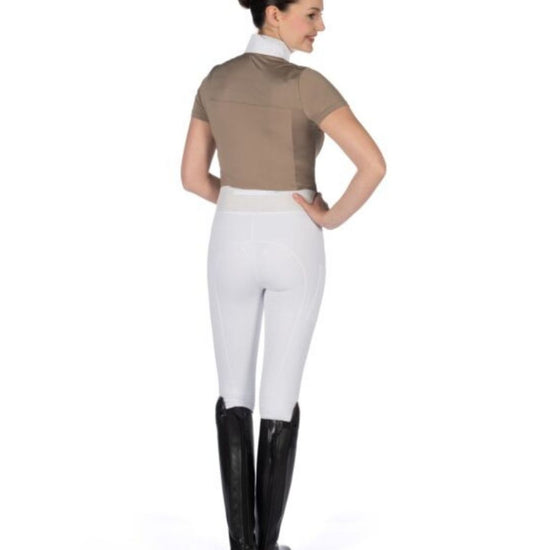 Person wearing a brown shirt, white pants, and black riding boots on a white background Equestrian fashion outfitters