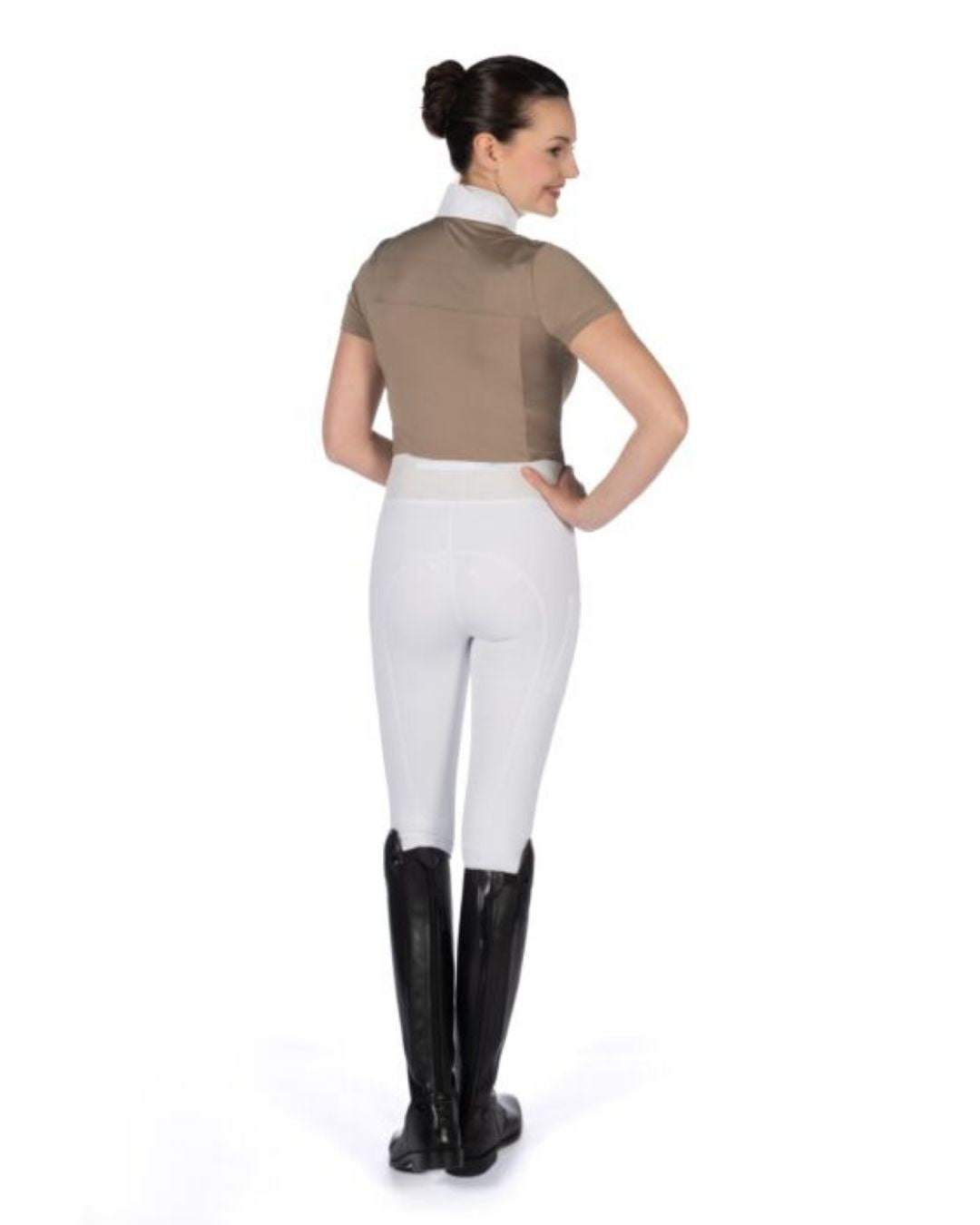 Person wearing a brown shirt, white pants, and black riding boots on a white background Equestrian fashion outfitters