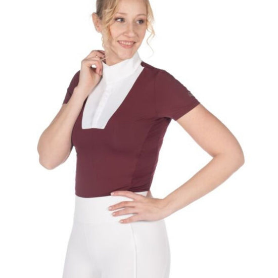 Woman wearing a maroon top with a white collar on a white background Equestrian fashion outfitters