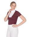 Woman wearing a maroon top with a white collar on a white background Equestrian fashion outfitters