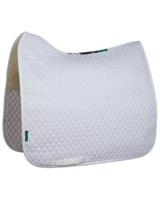 Quilted saddle pad with a brand logo on a white background