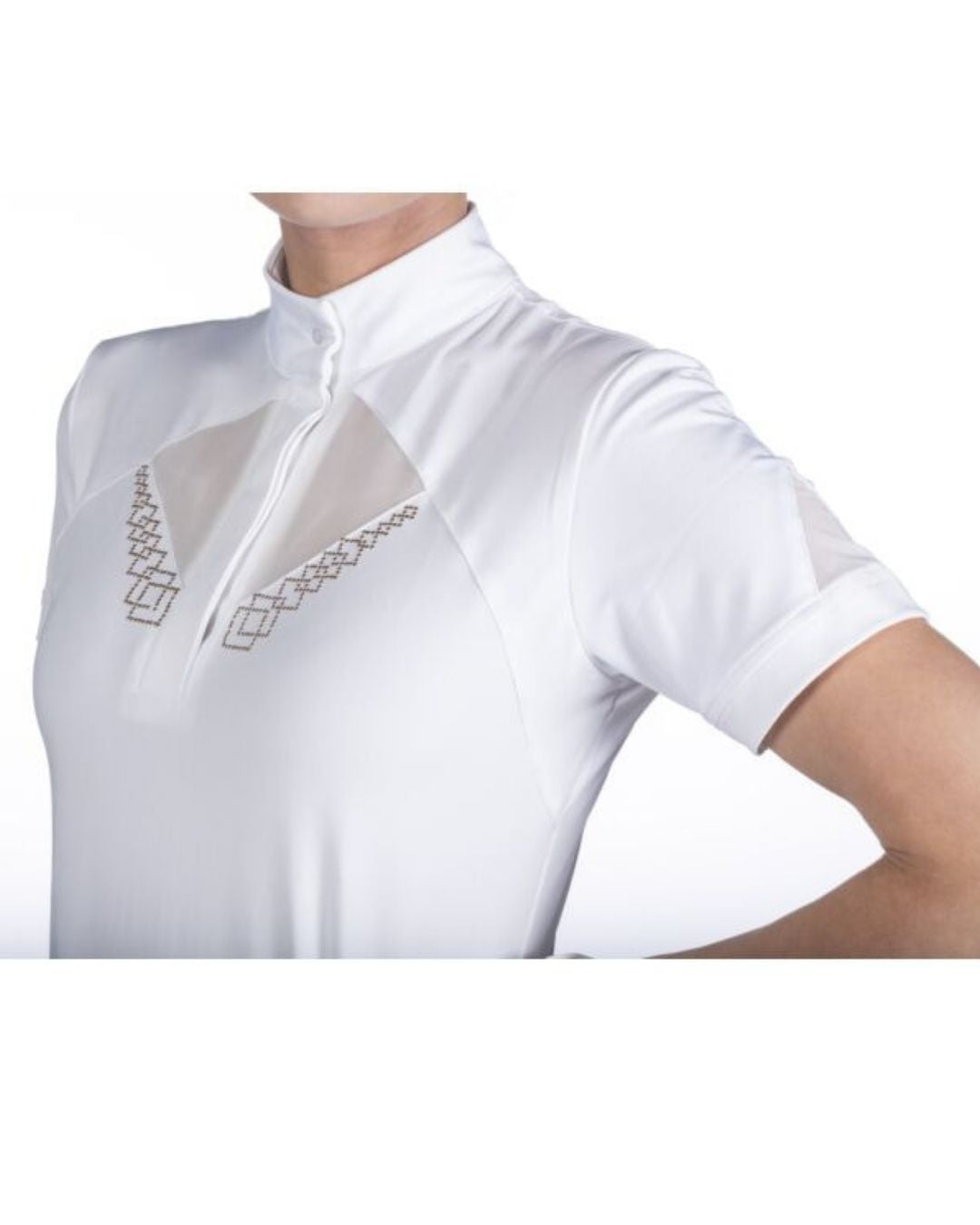 White short-sleeve shirt with decorative elements on a white background Equestrian fashion outfitters