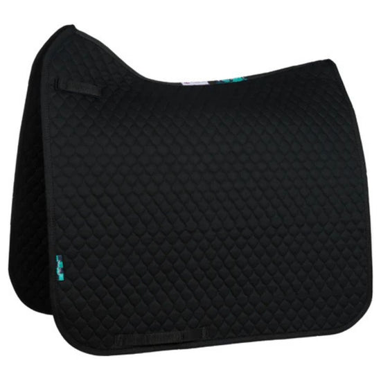 Black quilted saddle pad on a white background