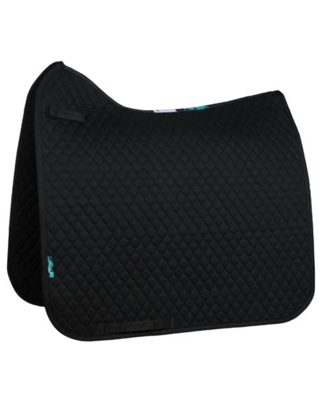 Black quilted saddle pad on a white background