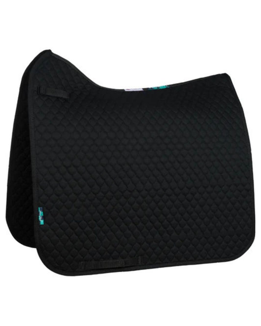 Black quilted saddle pad on a white background
