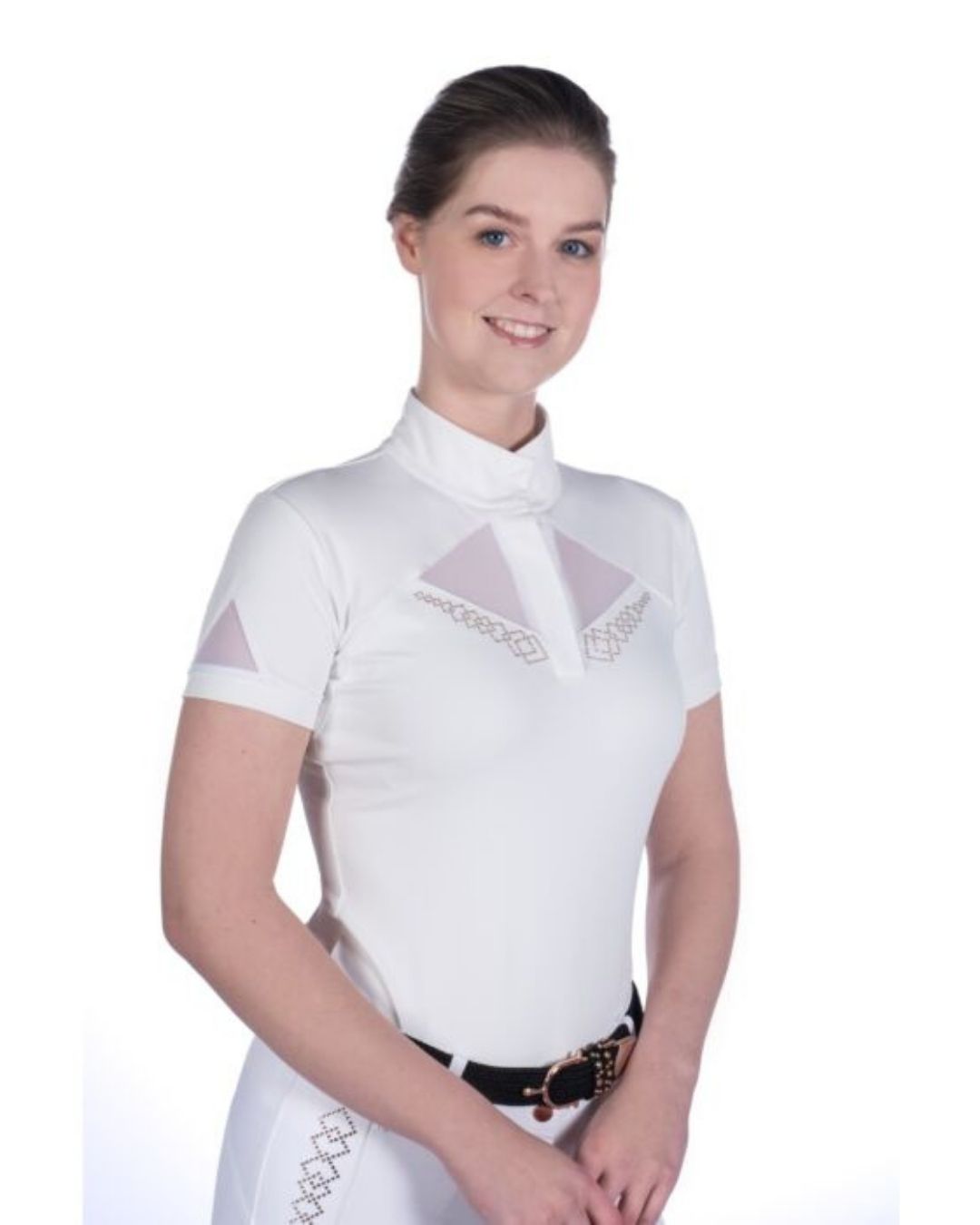 Woman wearing a white equestrian shirt with decorative elements on a white background Equestrian fashion outfitters