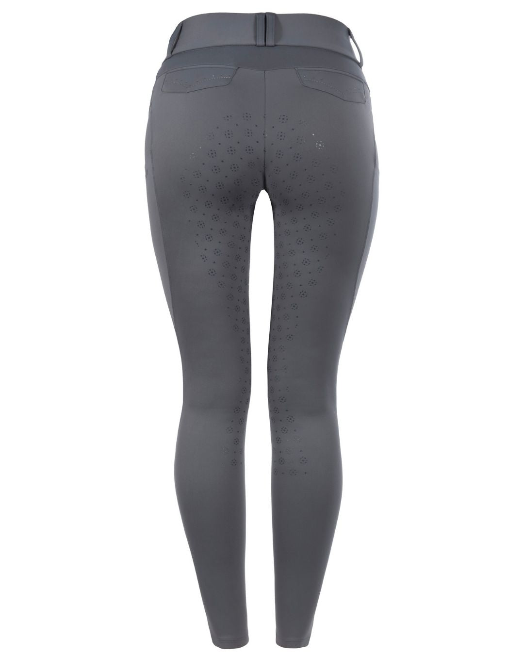 Gray riding pants with patterned design on a white background