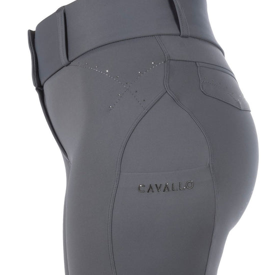 Gray riding pants with a visible brand logo on a white background