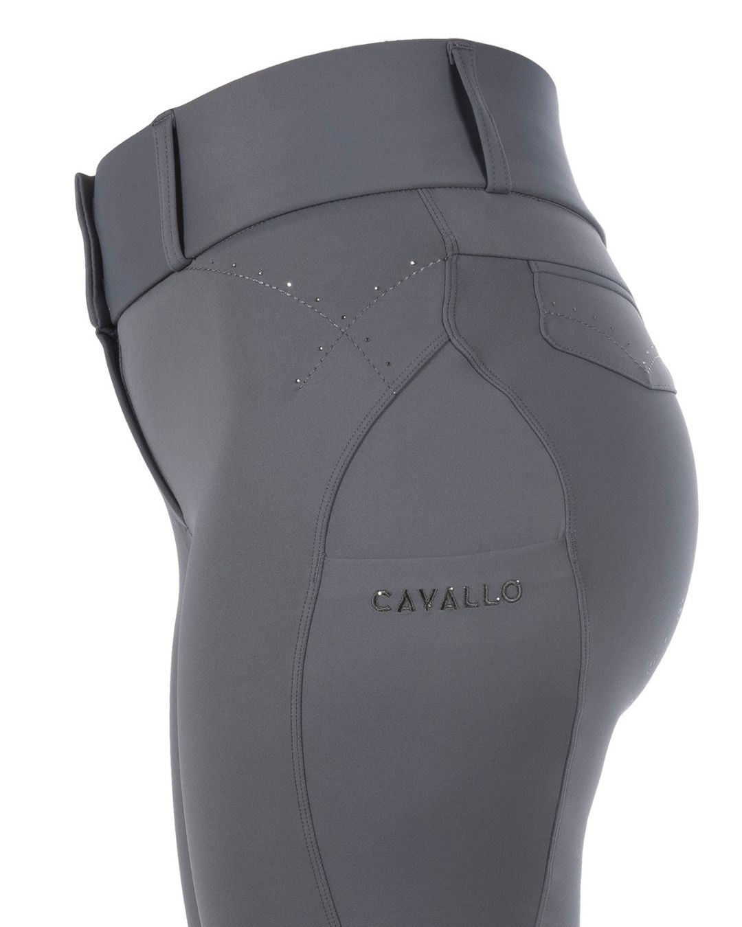 Gray riding pants with a visible brand logo on a white background