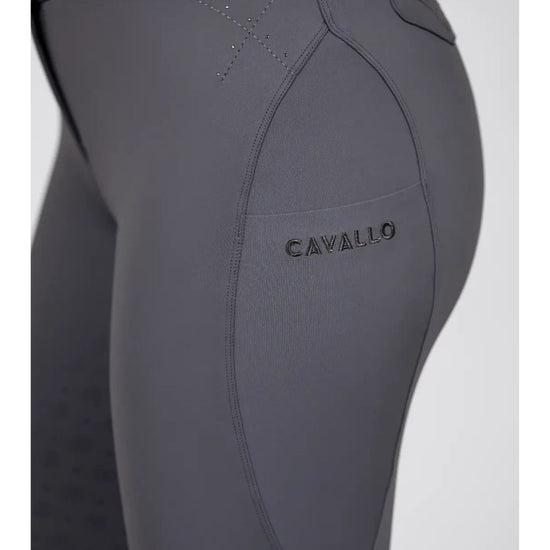 Gray riding pants with 'Cavallo' branding on a light gray background