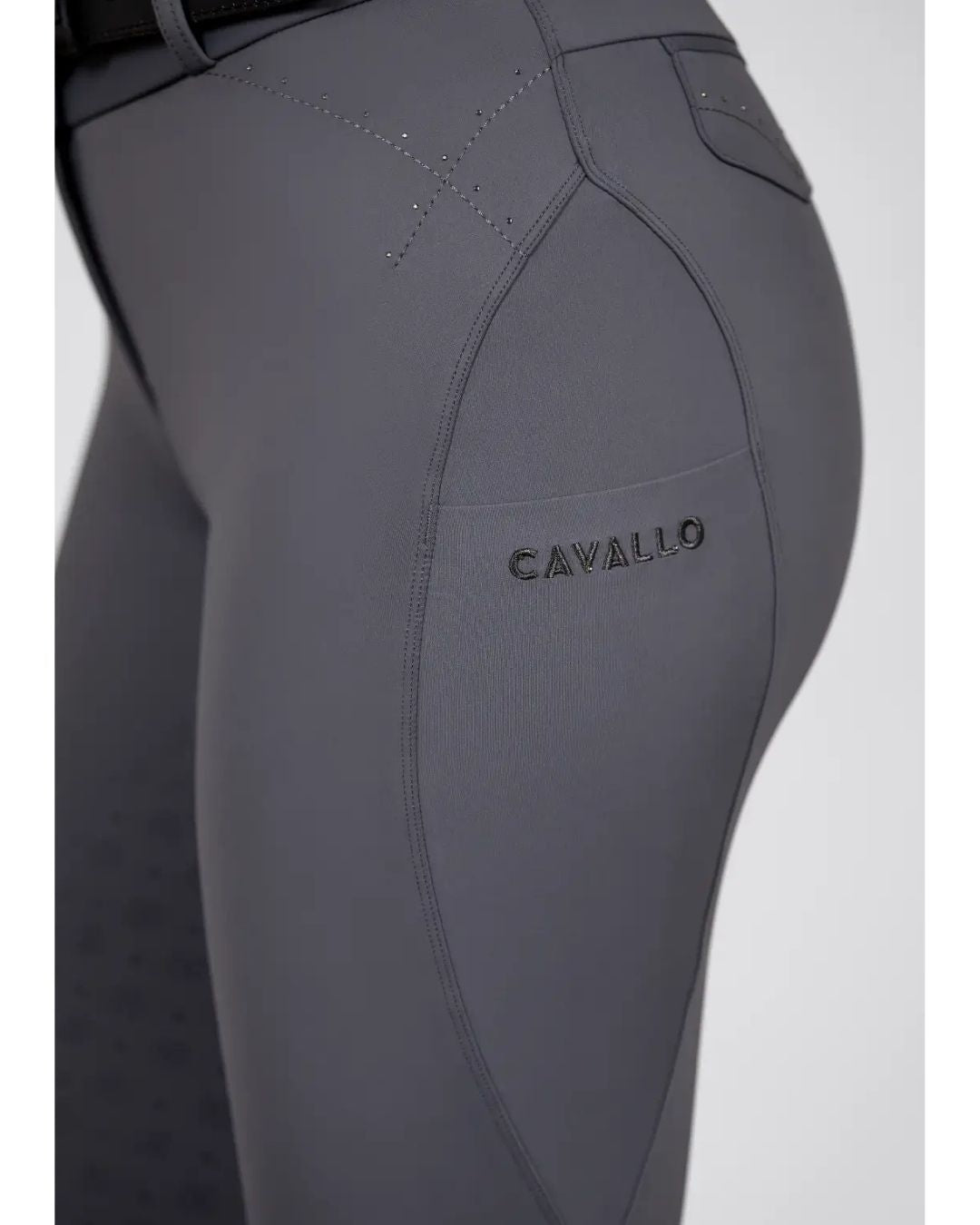 Gray riding pants with 'Cavallo' branding on a light gray background