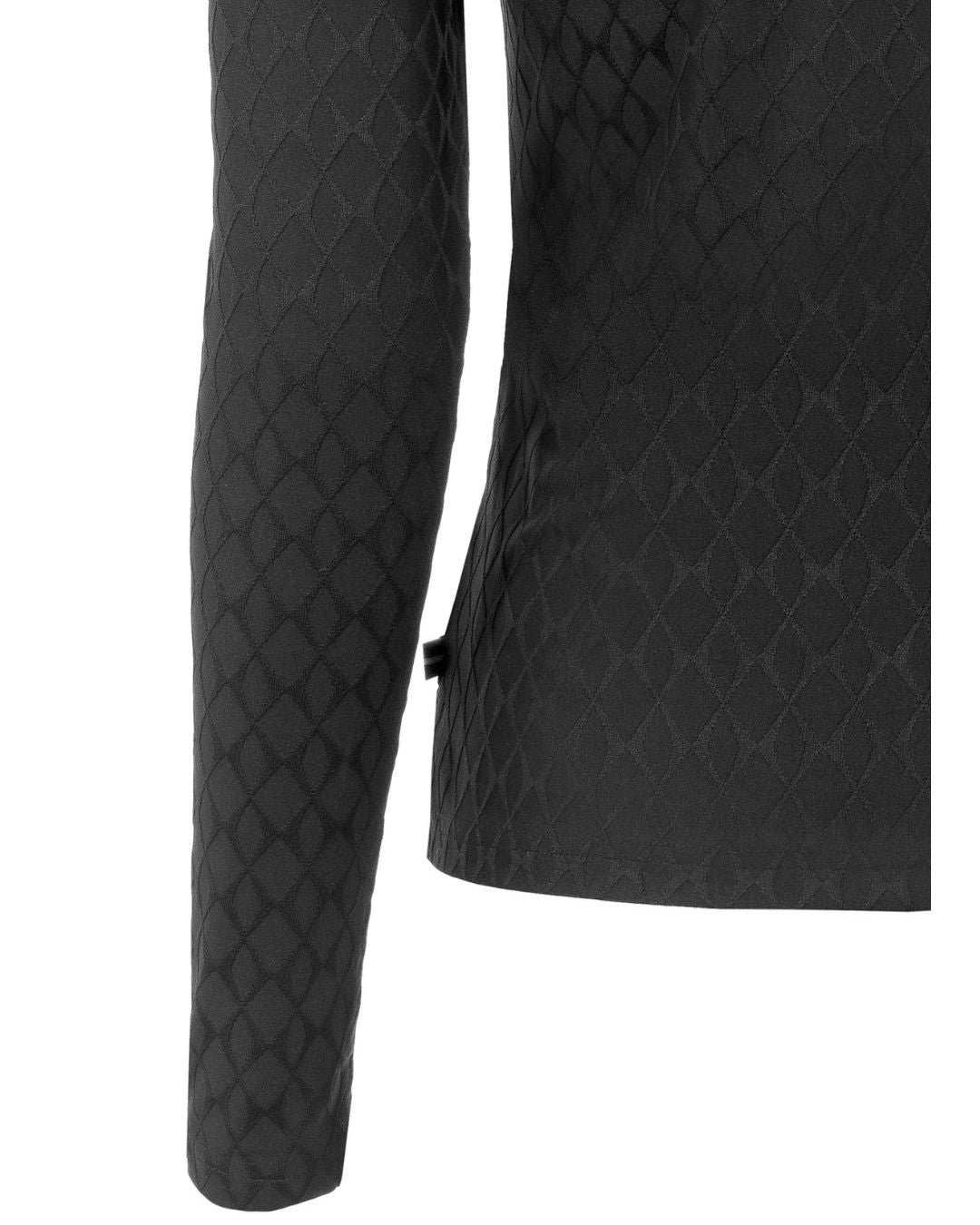 Black quilted shirt with diamond pattern on a white background