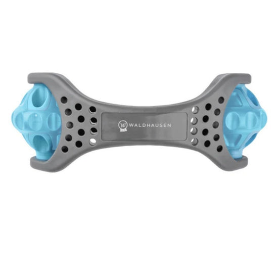 Gray and blue handheld roller with 'Waldhausen' branding on a white background