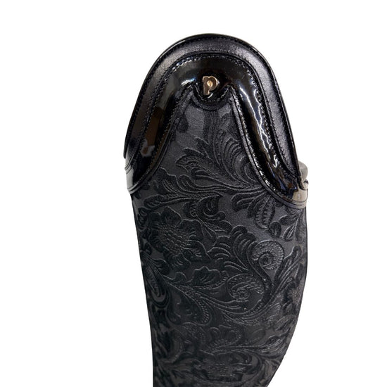 Black leather Petrie Boots with embossed design on a white background equestrian fashion outfitters