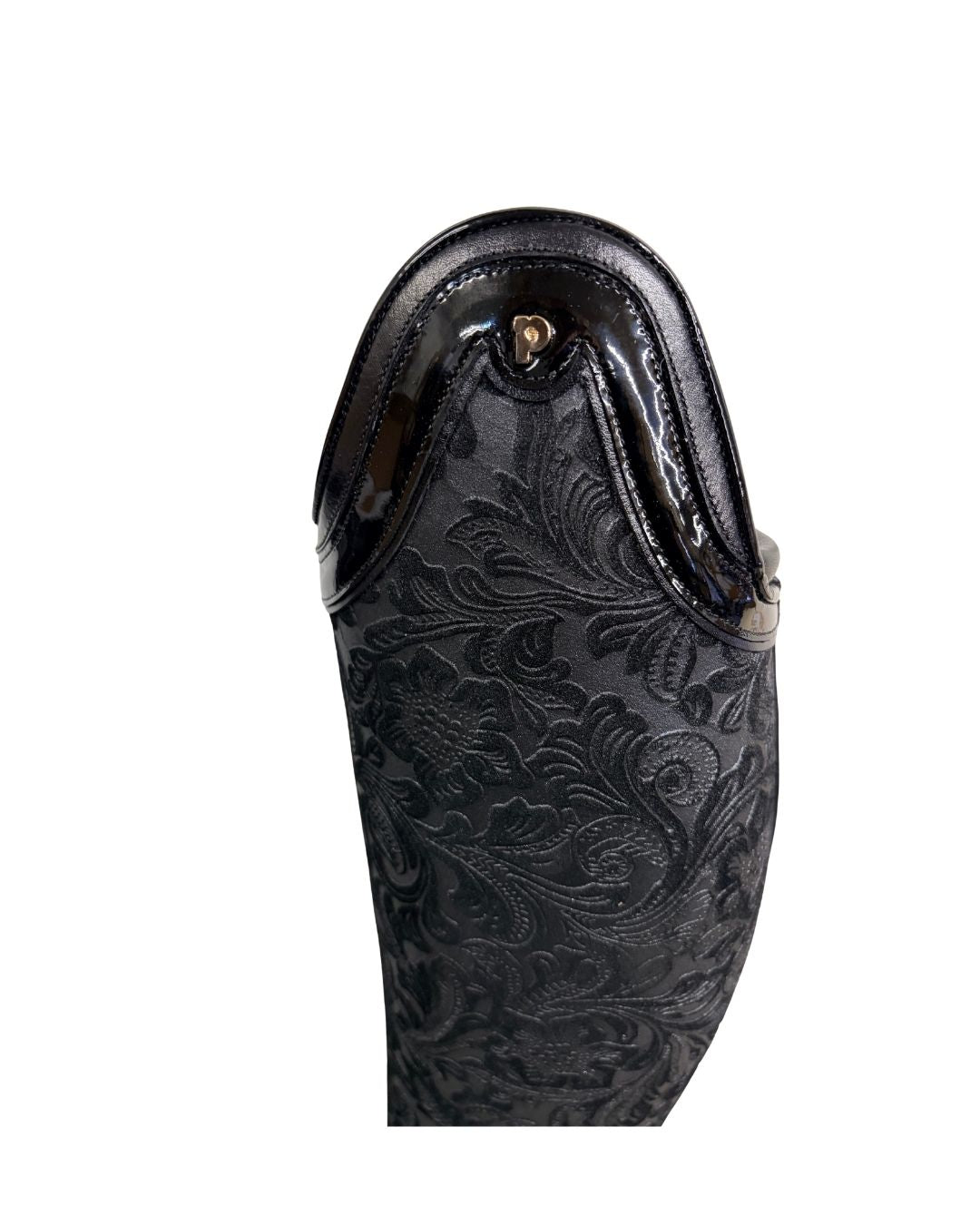 Black leather Petrie Boots with embossed design on a white background equestrian fashion outfitters