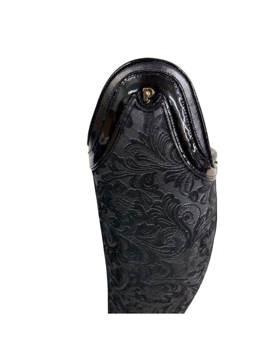 Black leather Petrie Boots with embossed design on a white background equestrian fashion outfitters