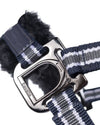Close-up of a blue and gray buckle on a horse halter with Cavallo buckle on a white background