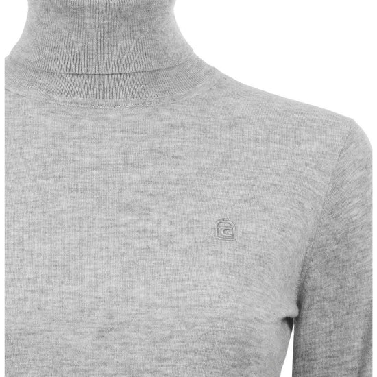 Gray turtleneck sweater with a brand logo on a white background