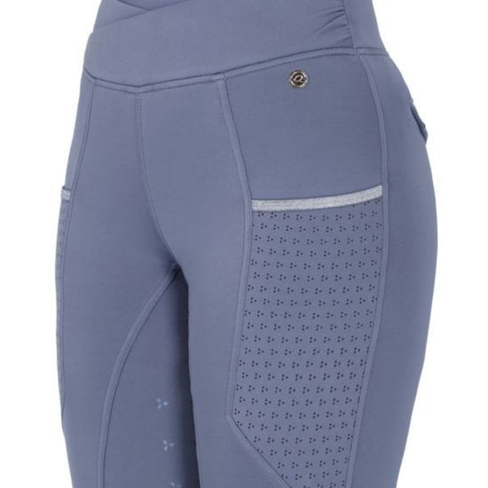 Gray  blue riding pants with patterned panels on a white background equestrian fashion outfitters