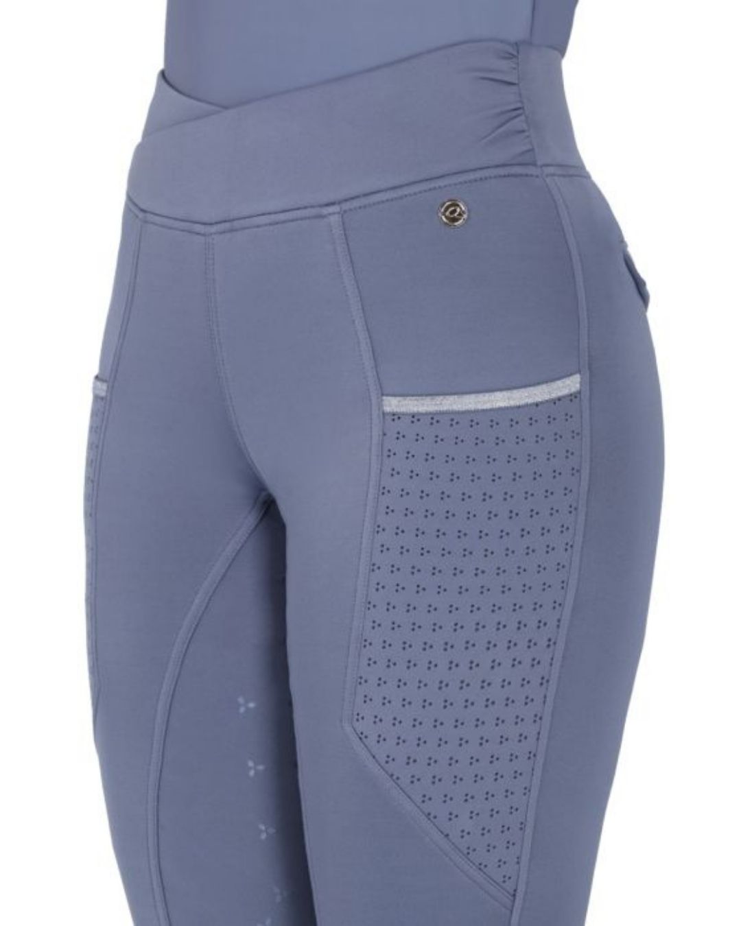Gray  blue riding pants with patterned panels on a white background equestrian fashion outfitters