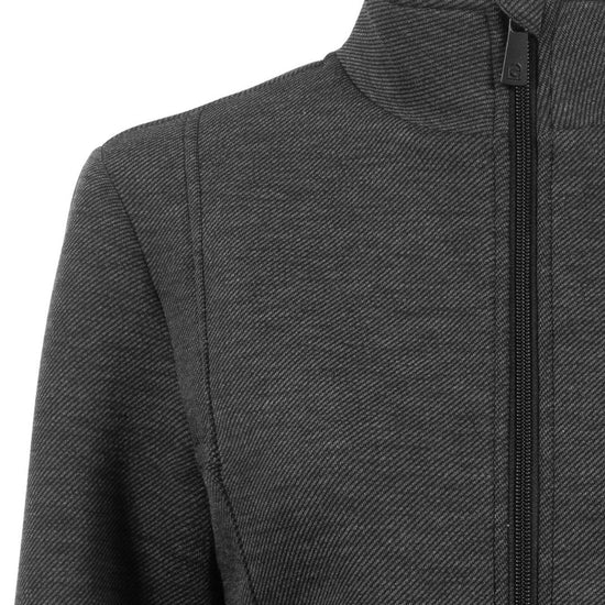 Close-up of a dark gray black jacket with a zipper on a white background