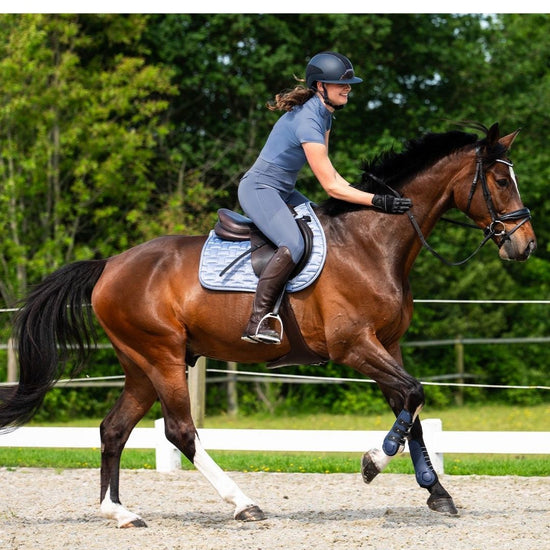 Woman riding a brown horse in an outdoor setting with greenery grey blue qhp tights equestrian fashion outfitters