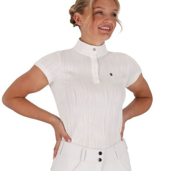 Woman wearing a white show shirt with short sleeves on a white background equestrian fashion outfitters