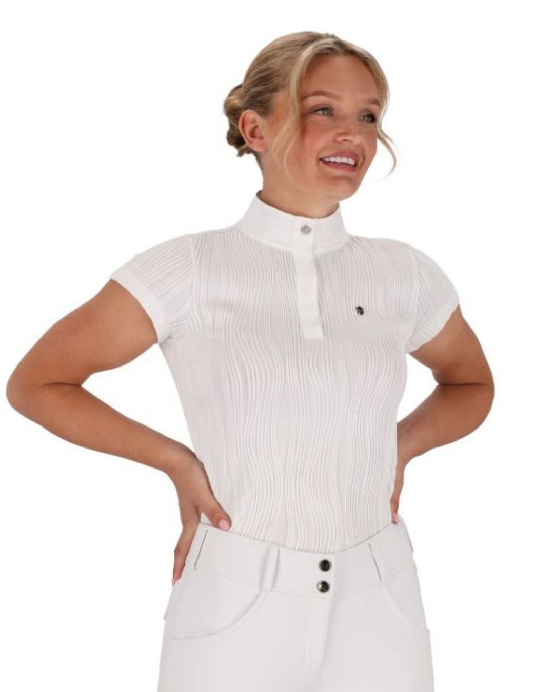 Woman wearing a white show shirt with short sleeves on a white background equestrian fashion outfitters