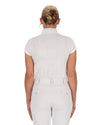Person wearing a white show shirt short sleeves and pants set on a white background equestrian fashion outfitters