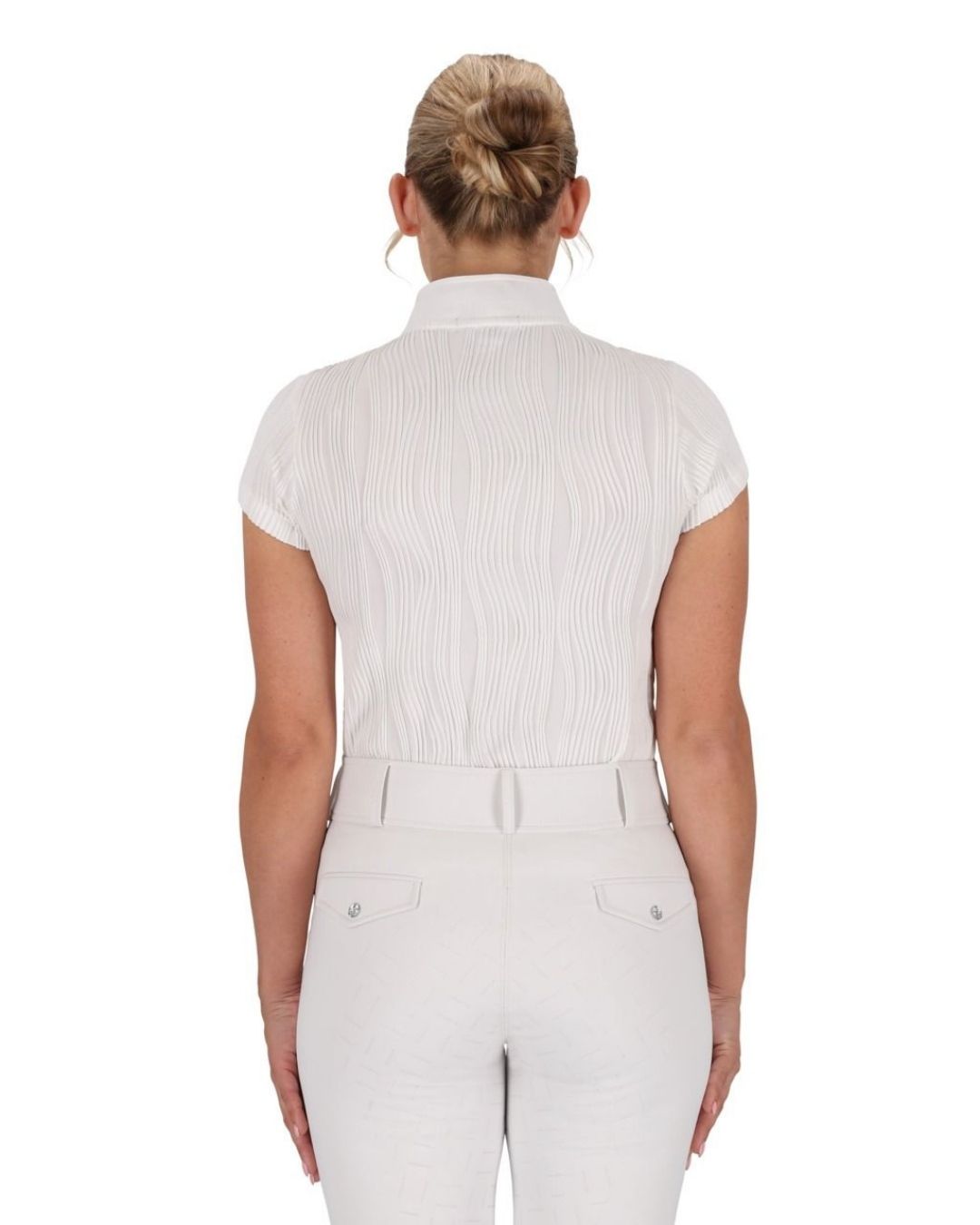 Person wearing a white show shirt short sleeves and pants set on a white background equestrian fashion outfitters