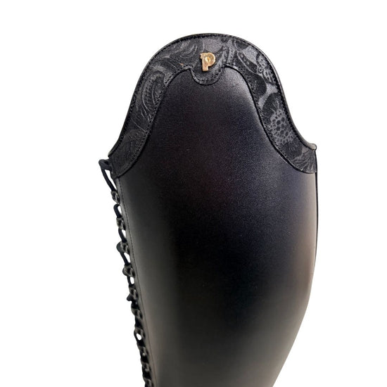 Black Petrie Boots with floral patterned flap on a white background equestrian fashion outfitters