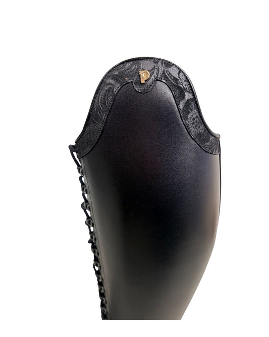 Black Petrie Boots with floral patterned flap on a white background equestrian fashion outfitters