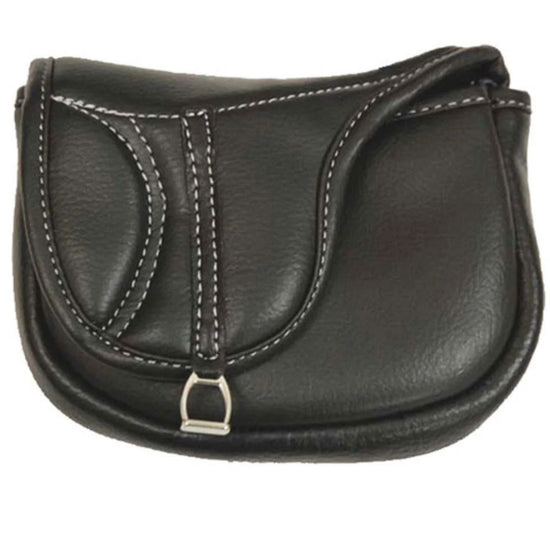 Black leather saddle-shaped pouch with a silver buckle on a white background