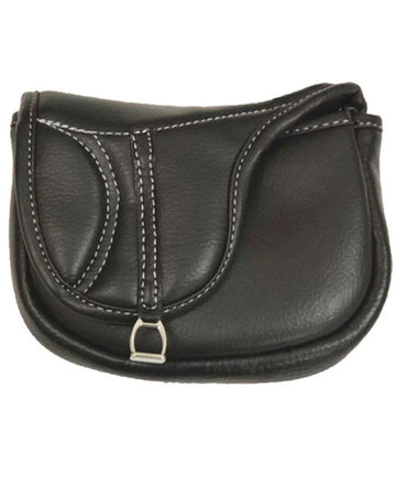 Black leather saddle-shaped pouch with a silver buckle on a white background