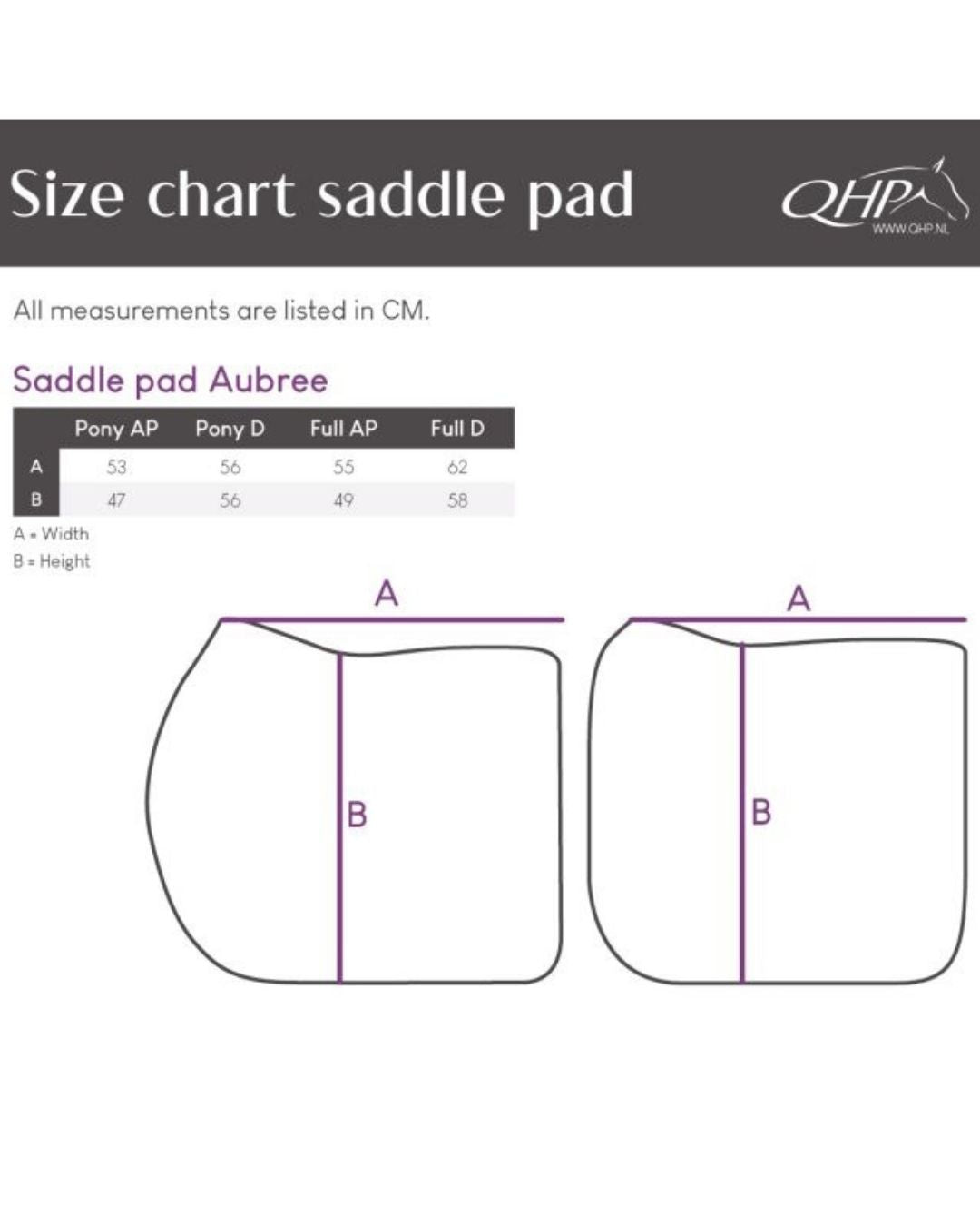 Saddle pad size chart with measurements for QHP brand