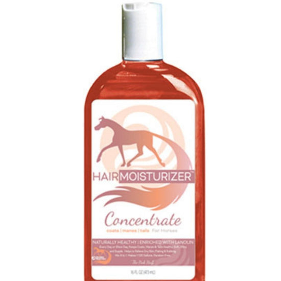 Bottle of pink horse hair moisturizer concentrate with a horse label on a white background