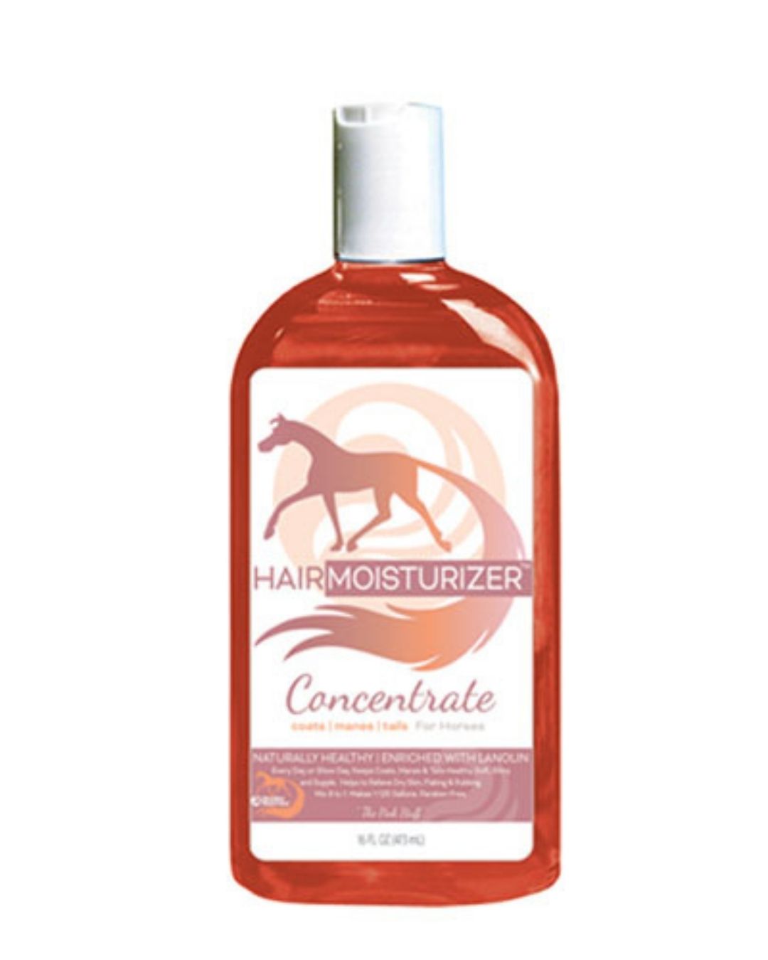 Bottle of pink horse hair moisturizer concentrate with a horse label on a white background