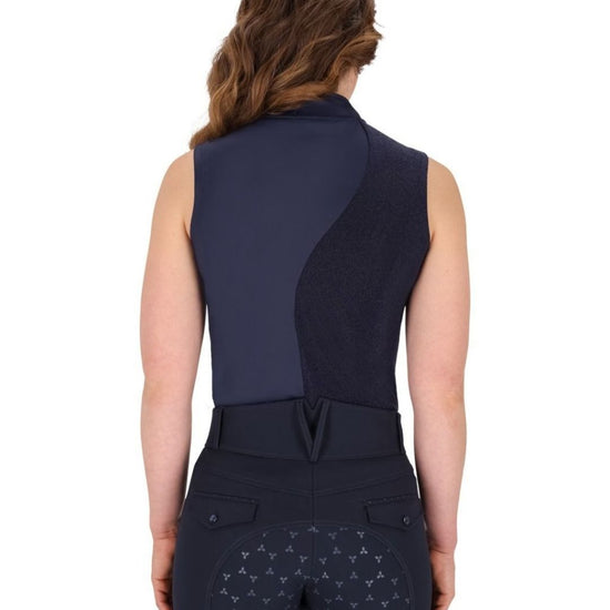 Navy equestrian shirt worn by a person on a white background equestrian fashion outfitters