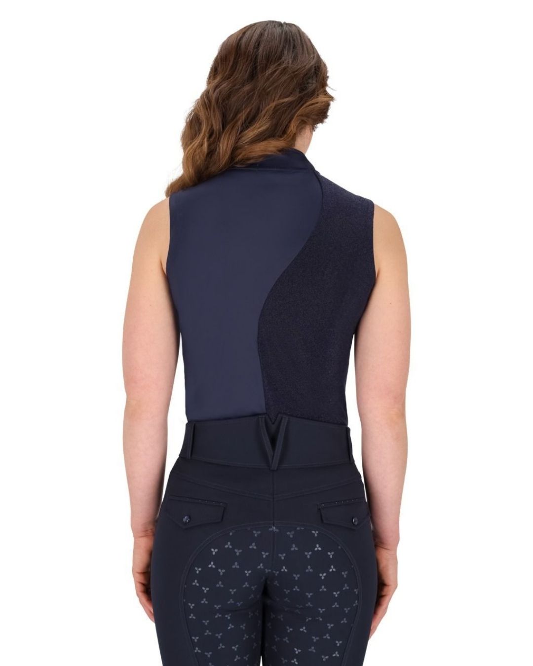 Navy equestrian shirt worn by a person on a white background equestrian fashion outfitters