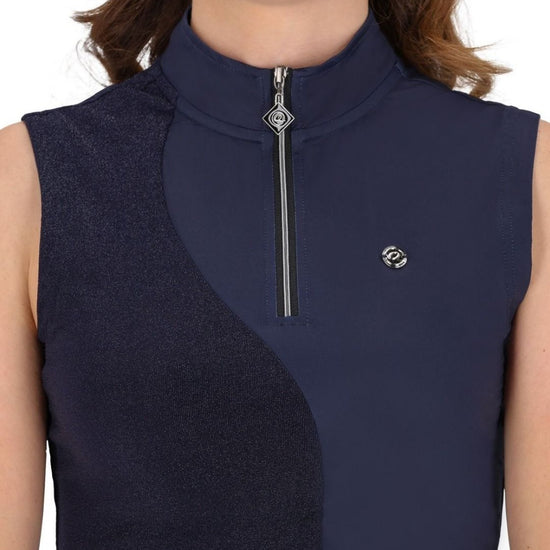 Navy sleeveless top with a zipper and logo on a white background equestrian fashion outfitters